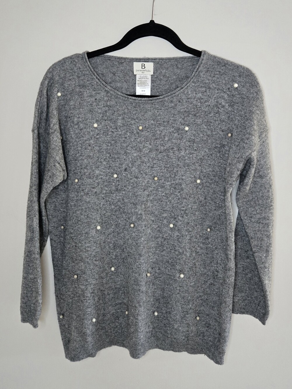 Bendetta B cashmere long-sleeve sweater, made in Italy, pearl + silver details